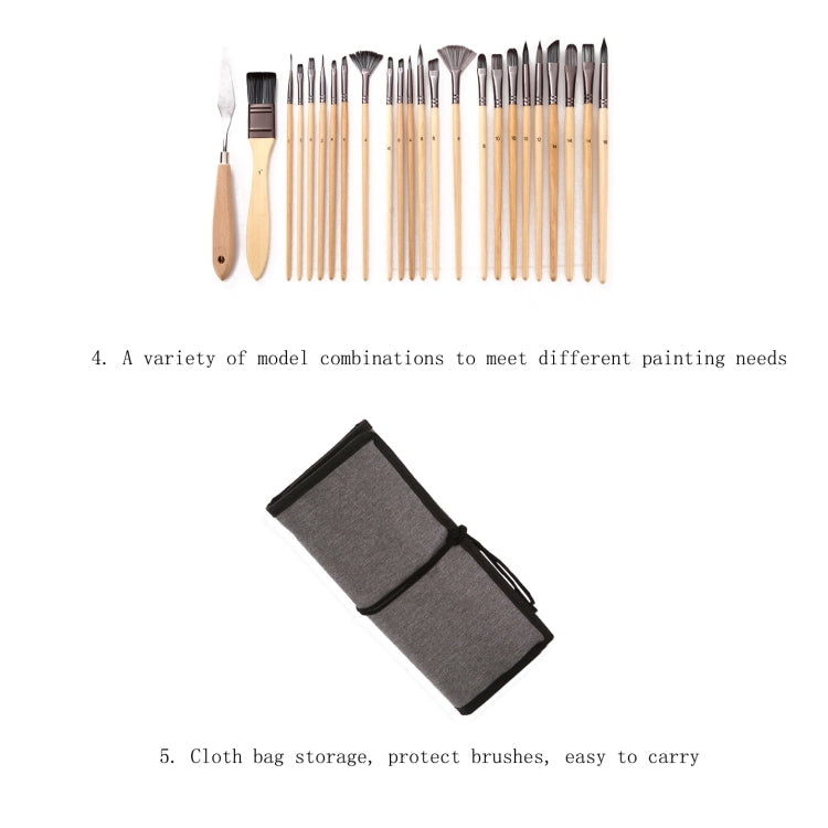 24 In 1 Nylon Wool Brush Canvas Storage Bag Set Oil Painting Gouache Watercolor Brush(Wooden Brushesx24+Storage Bag)