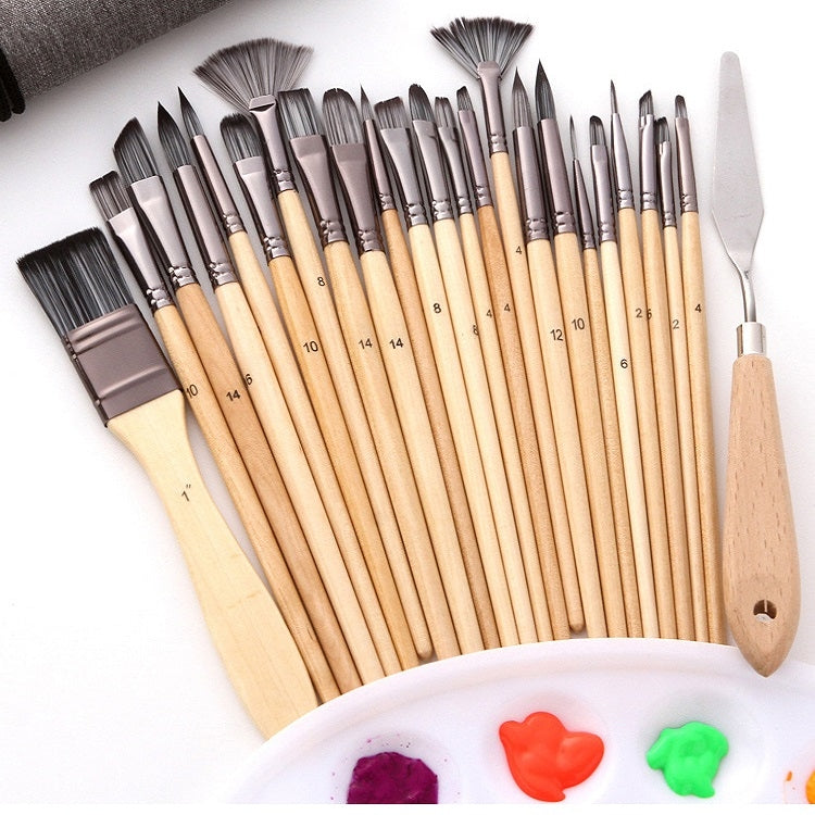 24 In 1 Nylon Wool Brush Canvas Storage Bag Set Oil Painting Gouache Watercolor Brush(Wooden Brushesx24+Storage Bag)
