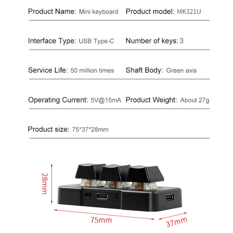 MK321 3 Keys Custom Keys Game Office PS Clip Macro Programming Keypad, Cable Length: 1.5m, White, Black