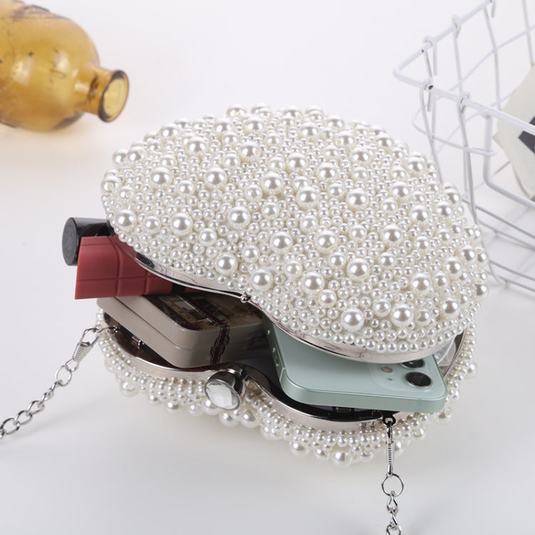 Pearl Evening Bag Ladies Heart Shaped Clutch Single Chain Crossbody Bag(White)