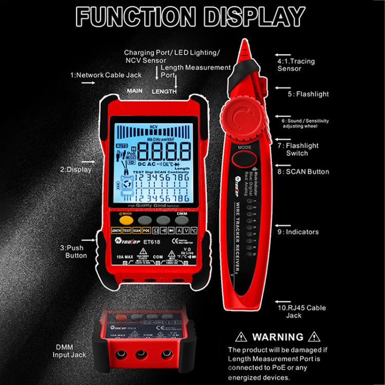Rechargeable Adjustable Network Cable Tester Wire Tracker POE Cable Tester, ET618 (Red), ET616 (Red)