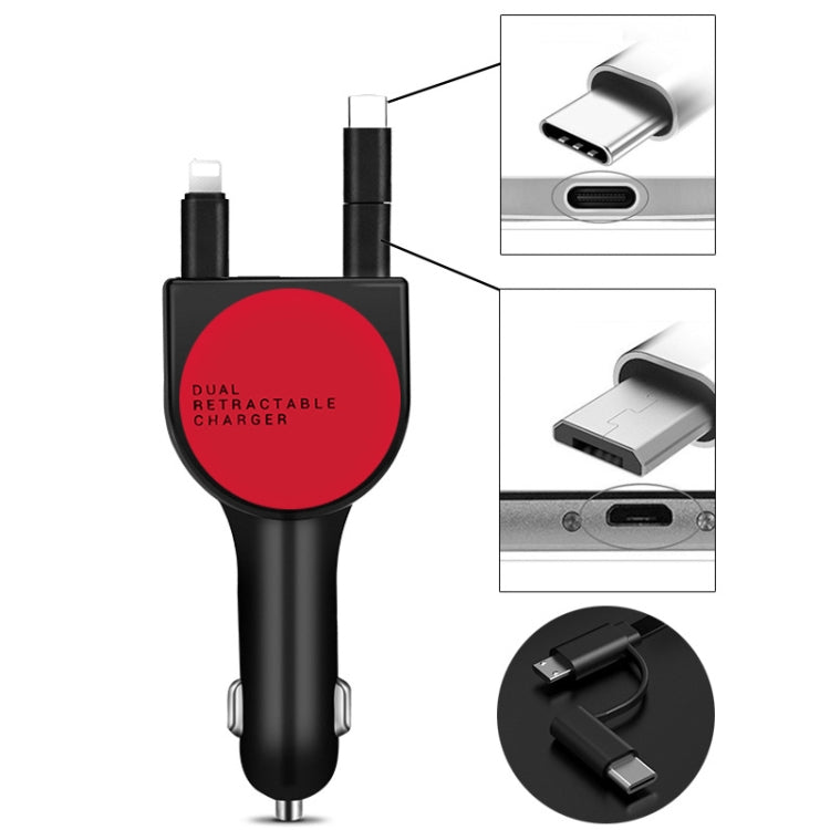 3 In 1 3.1A Dual USB Single Pull Retractable Fast QC3.0 Car Charger, Red, White, Blue, Green, Black