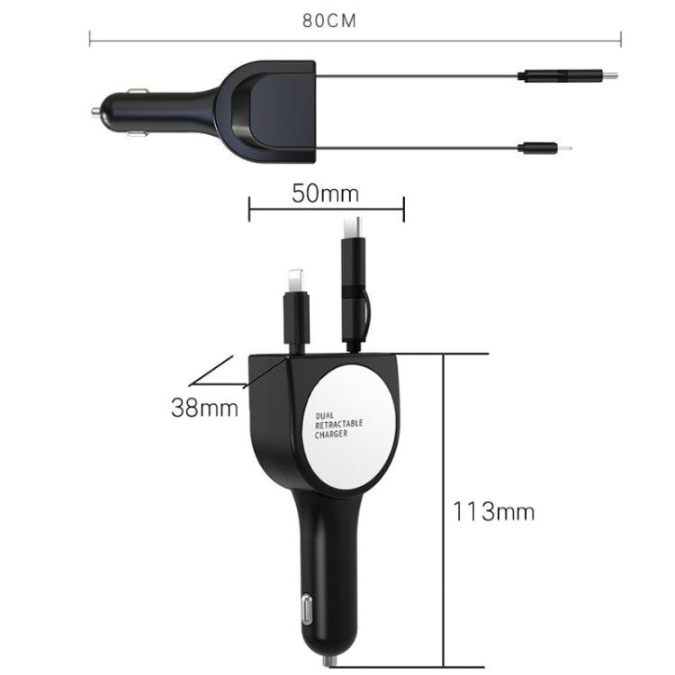 3 In 1 3.1A Dual USB Single Pull Retractable Fast QC3.0 Car Charger, Red, White, Blue, Green, Black