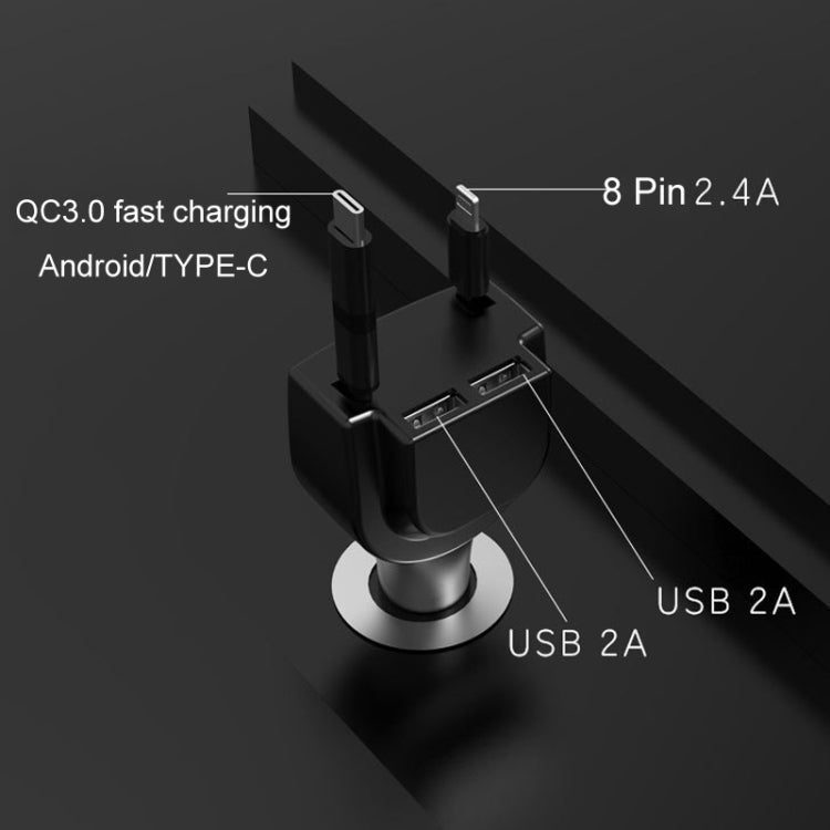 3 In 1 3.1A Dual USB Single Pull Retractable Fast QC3.0 Car Charger, Red, White, Blue, Green, Black