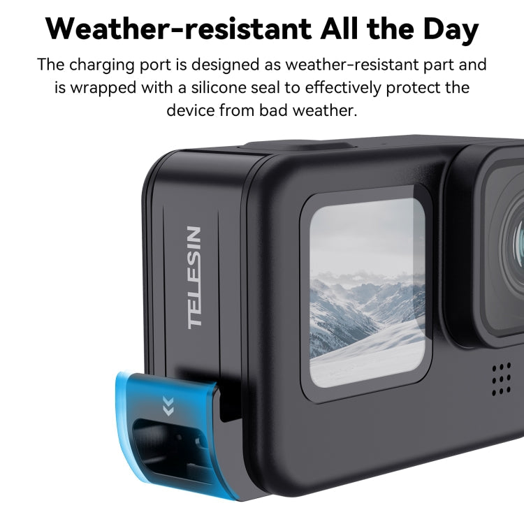For GoPro Hero11 Black / HERO10 Black /9 Black TELESIN Weather-resistant Side Cover Easy Removable Charging Cover Port(Black)