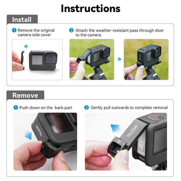For GoPro Hero11 Black / HERO10 Black /9 Black TELESIN Weather-resistant Side Cover Easy Removable Charging Cover Port(Black)
