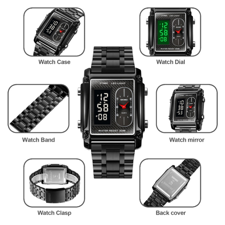 SKMEI 1868 Square Double Display Waterproof Men Watch, Style: Steel Belt (Rose Gold)