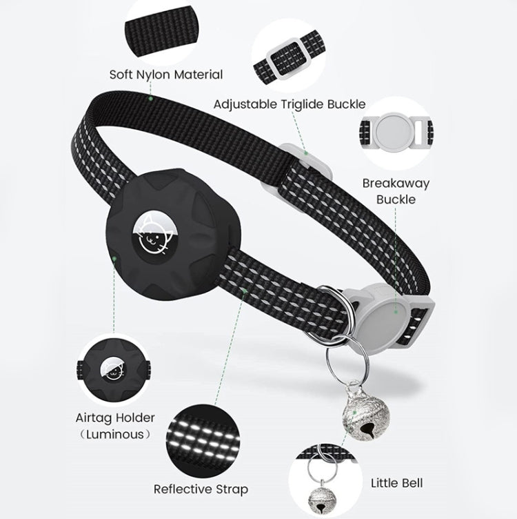 For AirTag Tracker Silicone Case Reflective Pet Cat Collar With Bell(Black)