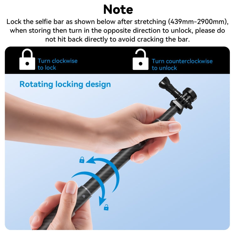 TELESIN 3M Carbon Fiber Selfie Stick Monopod  With 1/4 Screw For DJI, Insta360, GoPro and Other Action Cameras, 3m