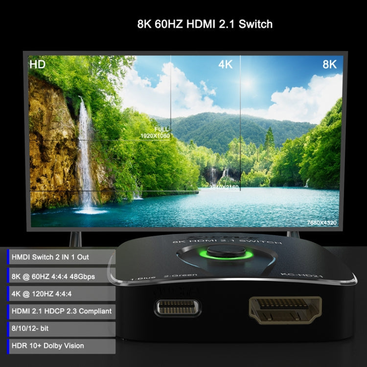 HDMI2.1 Switch 2 In 1 Out 8K 60Hz HD Conversion For Xbox HDMI One-way Transmission(Black)