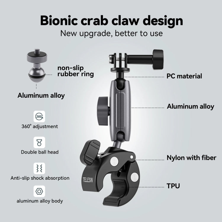 TELESIN  Aluminum Alloy Crab Claw Handlebar Tube Clamp For Sports Camera Mobile Phones, Aluminum Alloy