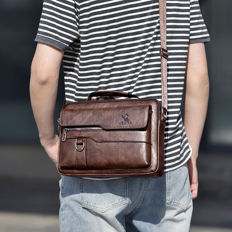 WEIXIER Men Shoulder Bag Retro Leather Laptop Business Casual Bag(Horizontal Dark Brown)