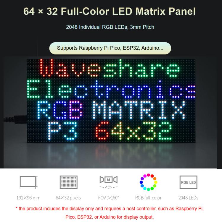 Waveshare RGB Full-color LED Matrix Panel, 3mm Pitch, 64 × 32 Pixels, Adjustable Brightness,, 20117, 33840