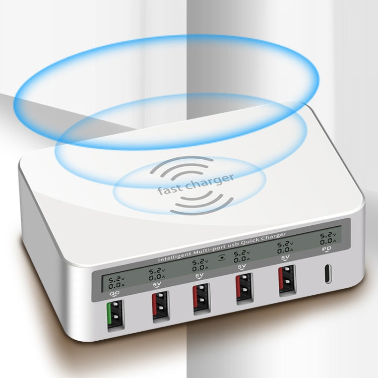 818PF 5 USB Ports + Type-C Smart Digital Display Wireless Phone Charger, Style: EU Plug (White)