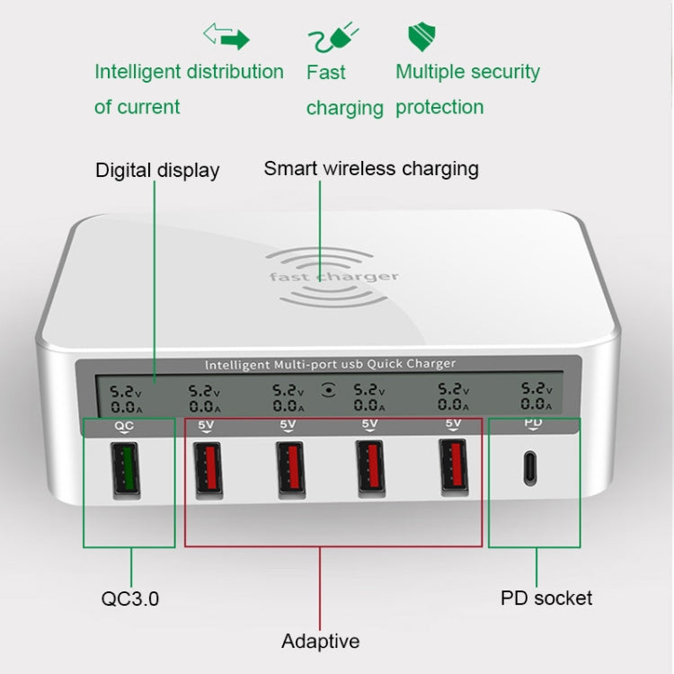 818PF 5 USB Ports + Type-C Smart Digital Display Wireless Phone Charger, Style: EU Plug (White)