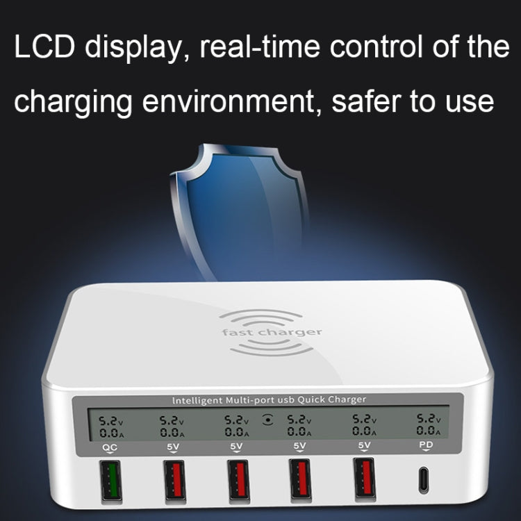 818PF 5 USB Ports + Type-C Smart Digital Display Wireless Phone Charger, Style: EU Plug (White)