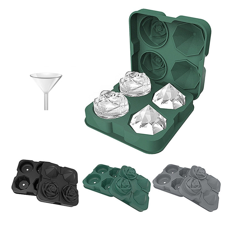 4-Holes Rose Diamond Shape Cocktail Ice Cube Molds Silicone Ice Ball Maker, Color: Dark Green with Ice Clip