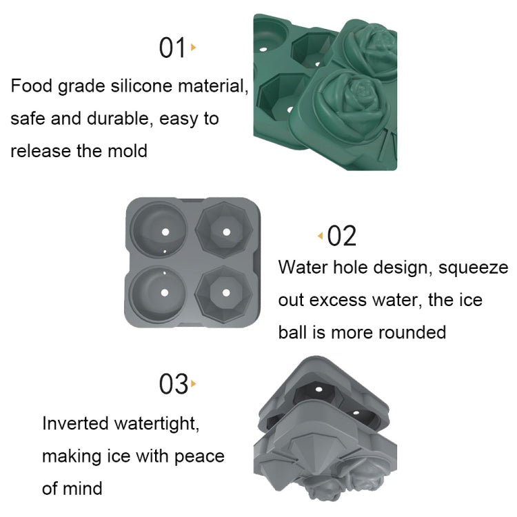 4-Holes Rose Diamond Shape Cocktail Ice Cube Molds Silicone Ice Ball Maker, Color: Dark Green with Ice Clip