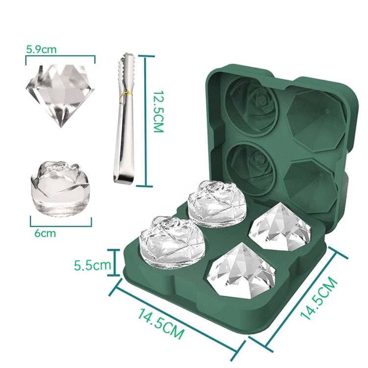 4-Holes Rose Diamond Shape Cocktail Ice Cube Molds Silicone Ice Ball Maker, Color: Dark Green with Ice Clip