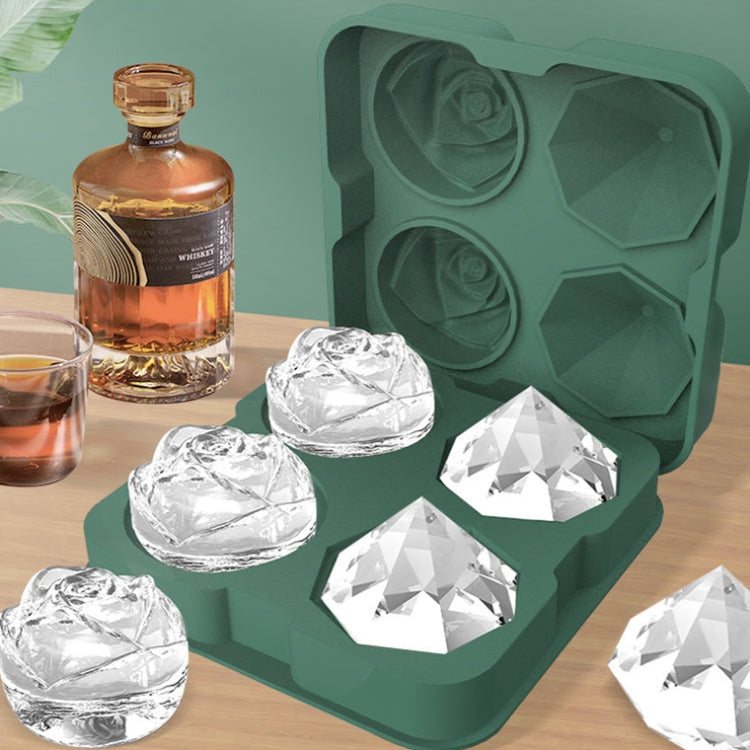4-Holes Rose Diamond Shape Cocktail Ice Cube Molds Silicone Ice Ball Maker, Color: Dark Green with Ice Clip