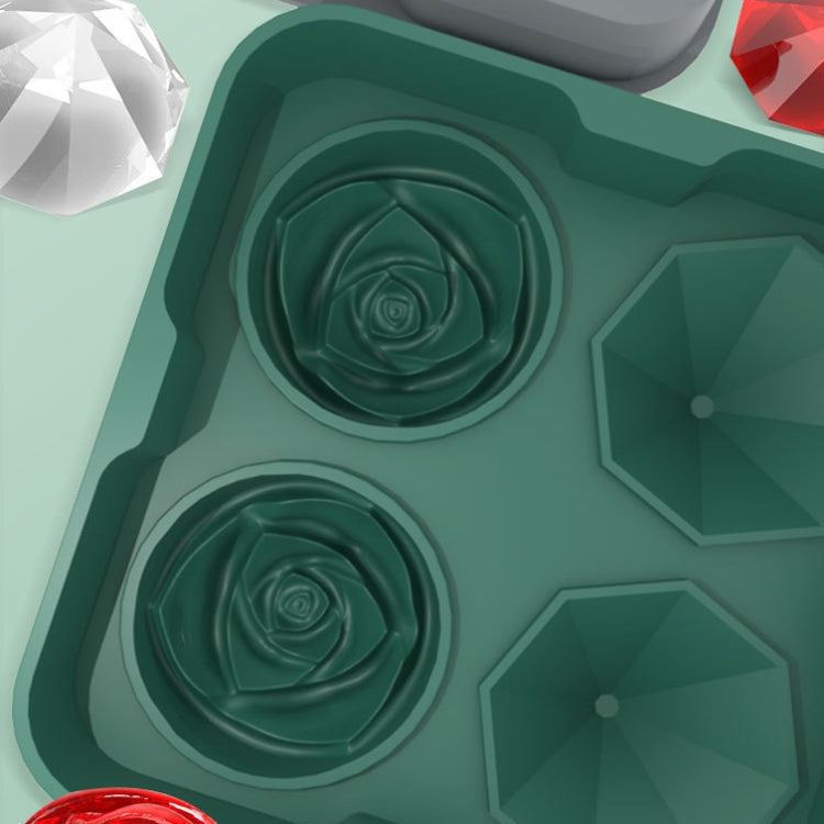 4-Holes Rose Diamond Shape Cocktail Ice Cube Molds Silicone Ice Ball Maker, Color: Dark Green with Ice Clip