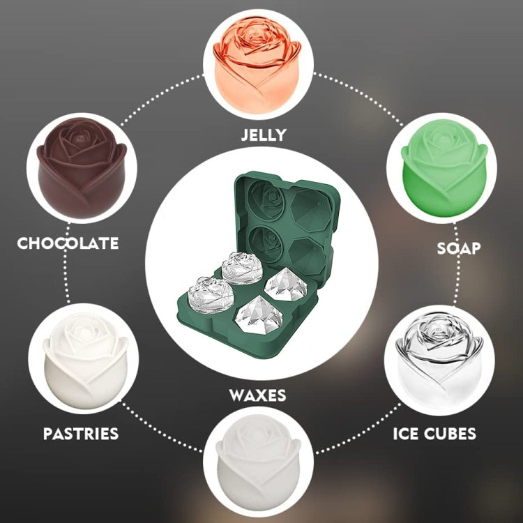 4-Holes Rose Diamond Shape Cocktail Ice Cube Molds Silicone Ice Ball Maker, Color: Dark Green with Ice Clip