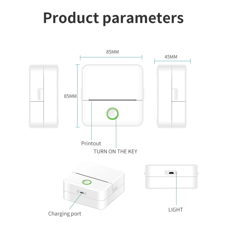 X6 200DPI Student Homework Printer Bluetooth Inkless Pocket Printer White 5 Printer Papers+5 Stickers + 3 Color Papers