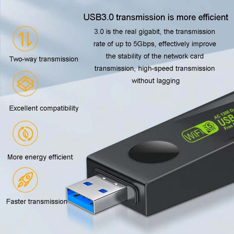 1300Mbps Wireless Network Card Gigabit Dual Band 5G Driverless Computer USB Network Card, 600m, 1300m