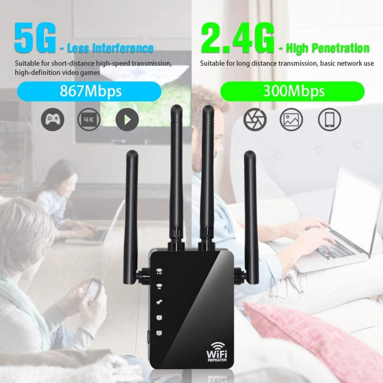 5G/2.4G 1200Mbps WiFi Range Extender WiFi Repeater With 2 Ethernet Ports, US Plug Black, EU Plug White, EU Plug Black, US Plug White