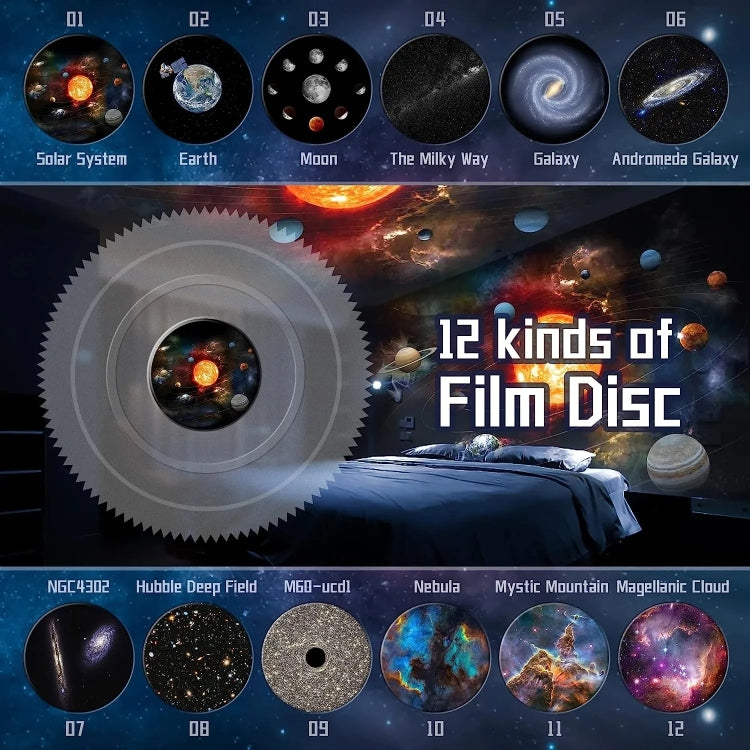 Galaxy Night Light Star Projector LED Table Lamp Children Room Decor With 12pcs Film Disc(Black and White)