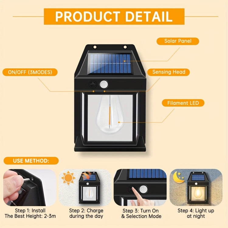 Solar Outdoor Tungsten Wall Light 3 Modes Body Sensing Waterproof Garden Villa Night Light, Spec: Regular White