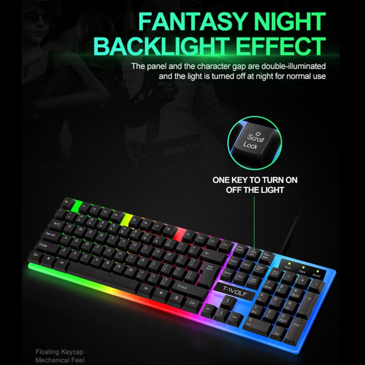 T-WOLF TF230 Colorful Light Effect Game Office Computer Wired Keyboard and Mouse Kit, TF230 (Black)