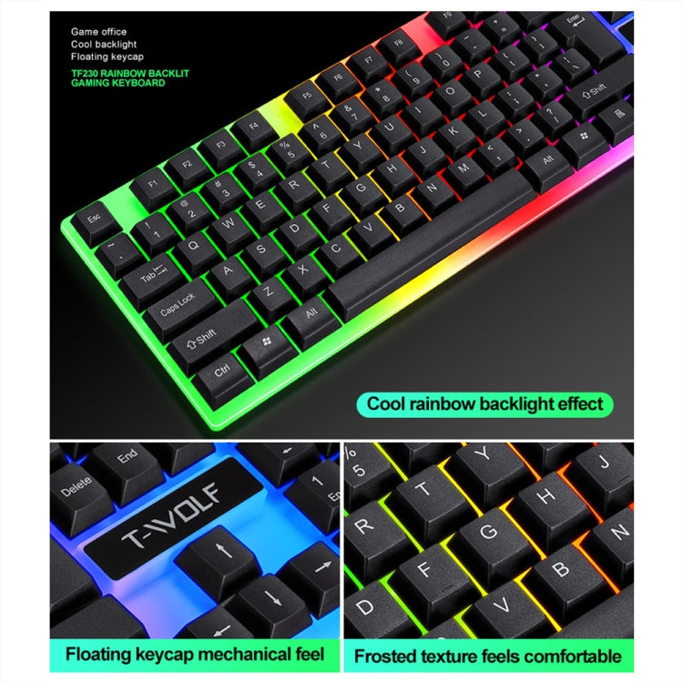 T-WOLF TF230 Colorful Light Effect Game Office Computer Wired Keyboard and Mouse Kit, TF230 (Black)