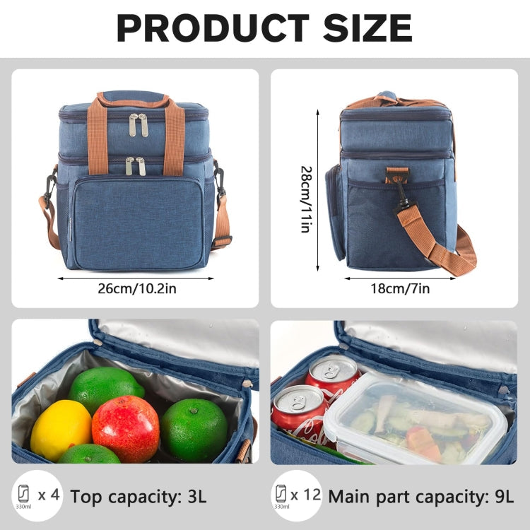 Double Layer Insulated Lunch Bag Large Capacity Food Cooler Bag with Shoulder Strap(Black)