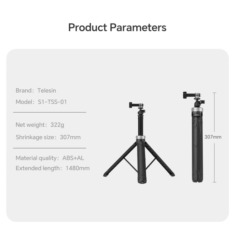 TELESIN 360 Degree Rotation 1.5m Selfie Stick Foldable Tripod for DJI, Insta360, GoPro and Other Action Cameras, S1-TSS-01