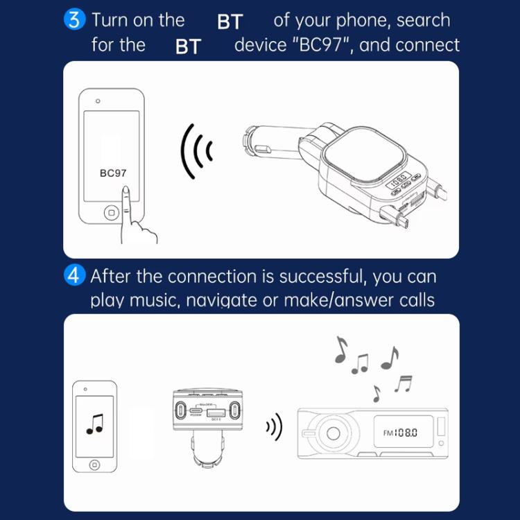 Dual Retractable Cable Car Charger Automobile Bluetooth MP3 Player, BC97