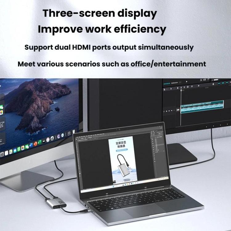 USB3.0+Type-C To Dual HDMI Extender 4K 60HZ Dual Screen Heterodyne HD Video Converter, HD16