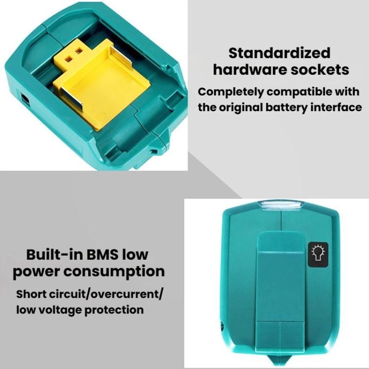 For Makita 14.4V/18V Lithium Battery Adapter With LED Lighting, Dual USB + DC