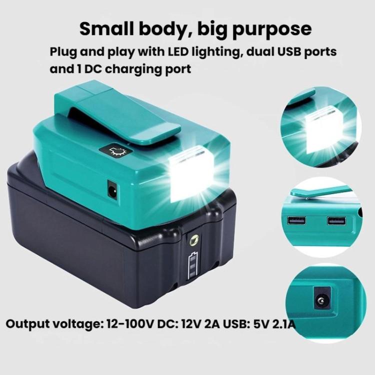 For Makita 14.4V/18V Lithium Battery Adapter With LED Lighting, Dual USB + DC