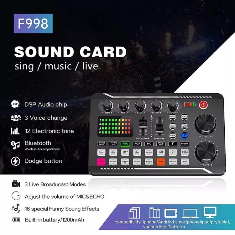F998 Sound Card With BM800 Condenser Microphone Set Complete Karaoke And Broadcasting Kit, Tripod Gold, Tripod Black, Cantilever Gold, Cantilever Black, 240 Cantilever Black