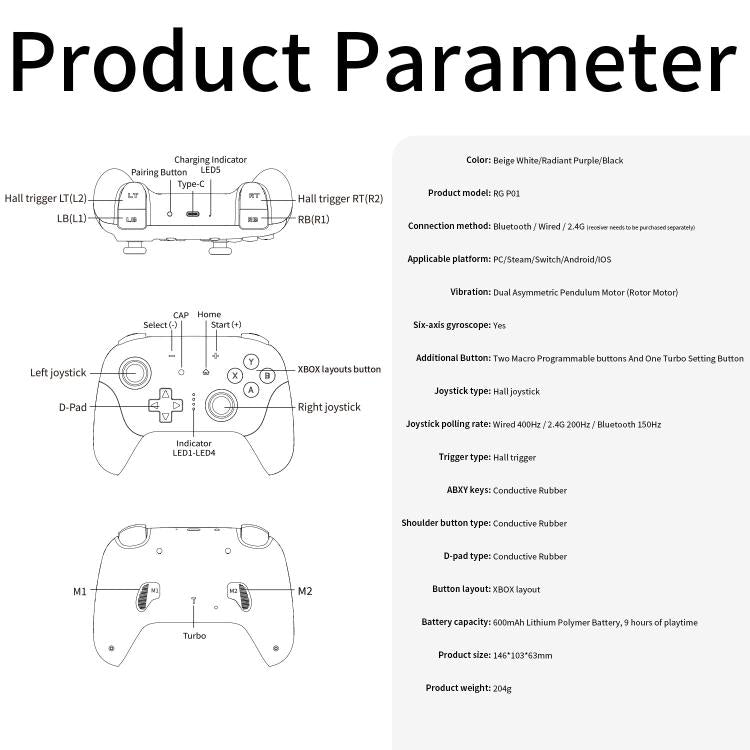 ANBERNIC RGP01 Multi-Platform Gaming Controller for PC/Switch/Steam With Hall Effect Joystick & Triggers, 3-Mode Connectivity, RGB, White, Black, Purple, With Receiver White, With Receiver Black, With Receiver Purple
