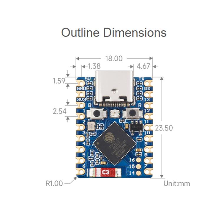 WAVESHARE 2.4GHz Wi-Fi Mini Development Board Based ESP32-S3 Dual-Core Processor, No Pin Header, Soldered Pin Header