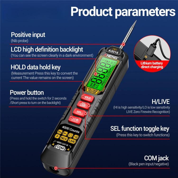ANENG Digital Intelligent Car Repair Pen Multimeter, A3016 Lithium Battery, A3015 Battery