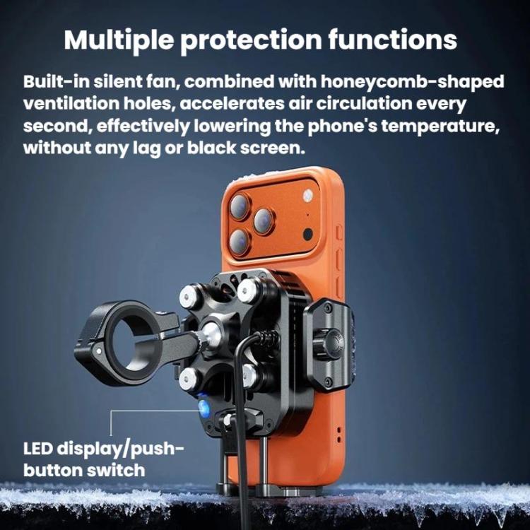 Kewig M33 Pro Shock-Absorbing Heat-Dissipating Wireless Charging Phone Mount Motorcycle Fan Cooling Anti-Shake Stand, Handlebar, Rearview Mirror, Rearview Mirror Stem, M8/M10 Screw, Front Fork Mount, Strong Clamp