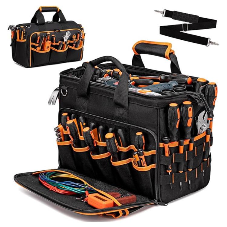 17-inch Heavy-Duty Tool Bag Portable Tote with 46-Pocket Organization, Non-Slip Rubber Base & Shoulder Strap