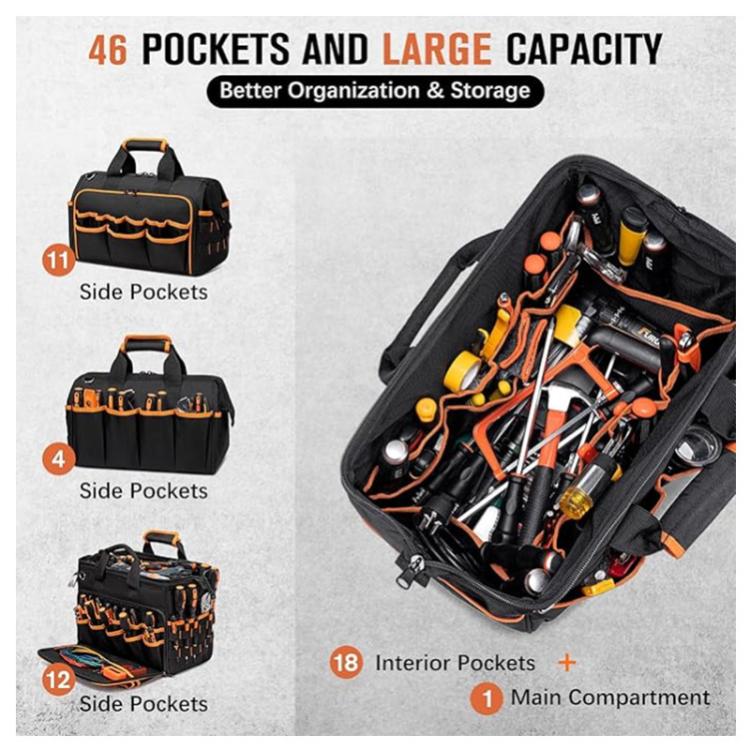 17-inch Heavy-Duty Tool Bag Portable Tote with 46-Pocket Organization, Non-Slip Rubber Base & Shoulder Strap