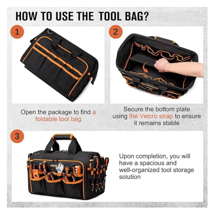 17-inch Heavy-Duty Tool Bag Portable Tote with 46-Pocket Organization, Non-Slip Rubber Base & Shoulder Strap