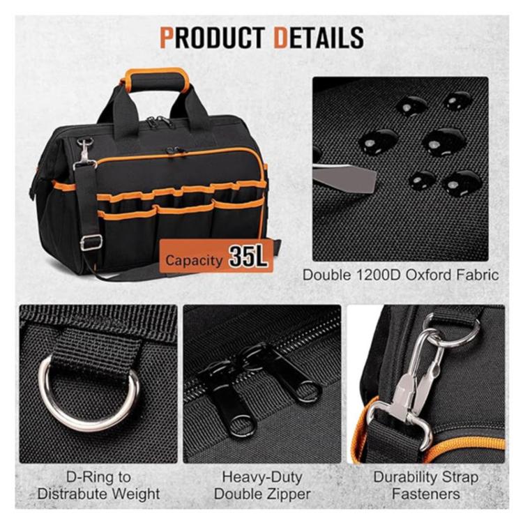 17-inch Heavy-Duty Tool Bag Portable Tote with 46-Pocket Organization, Non-Slip Rubber Base & Shoulder Strap