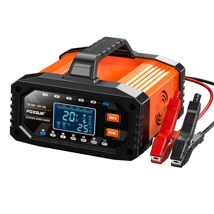 Foxsur 20A 12V/24V Portable Car  Motorcycle Battery Charger, US Plug, EU Plug, UK Plug, AU Plug, JP Plug