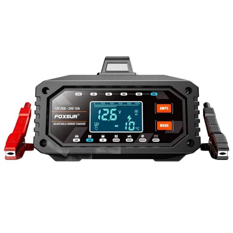 Foxsur 20A 12V/24V Portable Car  Motorcycle Battery Charger, US Plug, EU Plug, UK Plug, AU Plug, JP Plug